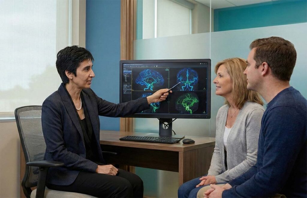 Brain imaging evaluation used in cerebrovascular neurosurgery to assess blood vessel conditions