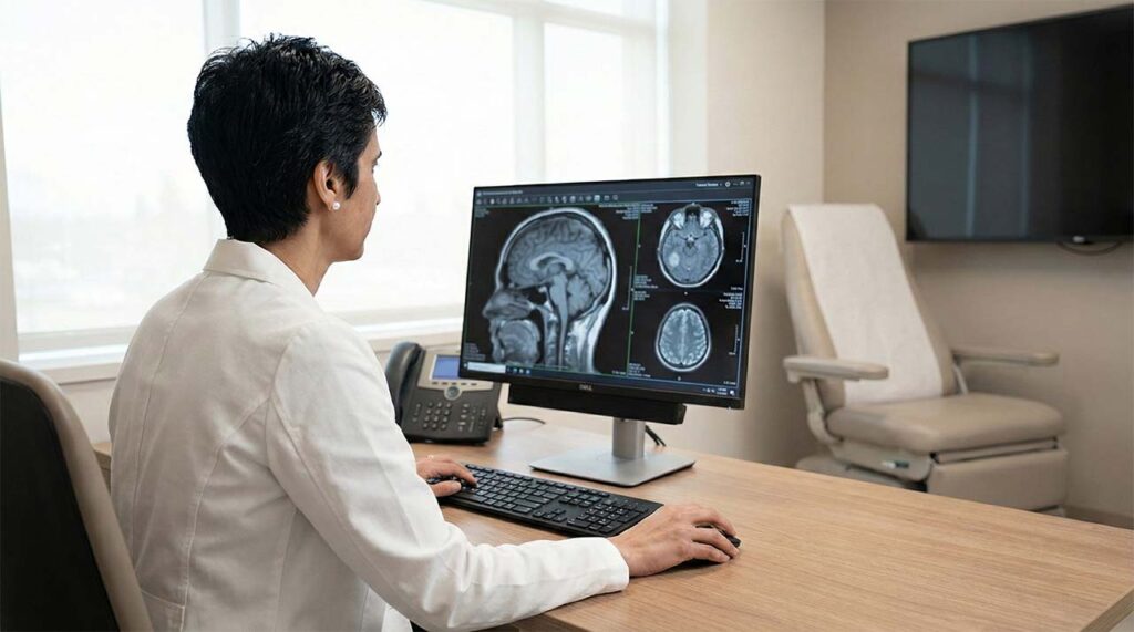 Dr. Khan reviewing brain MRI scans during a neurosurgical consultation