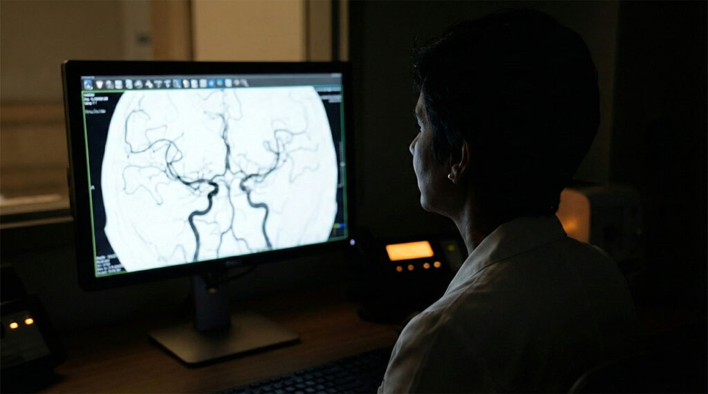Dr. Khan reviewing cerebrovascular imaging in a clinical setting