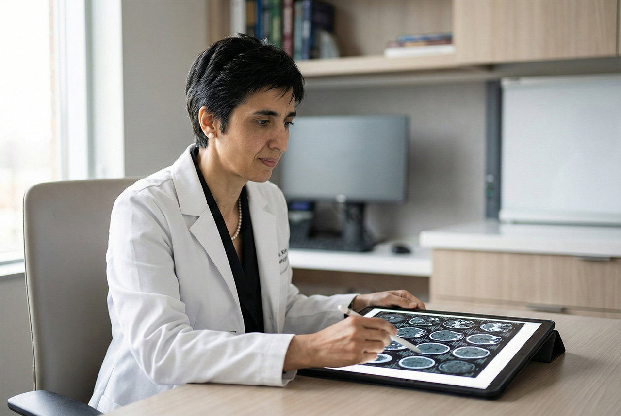 Dr. Khan reviewing diagnostic imaging as part of a neurosurgical care process