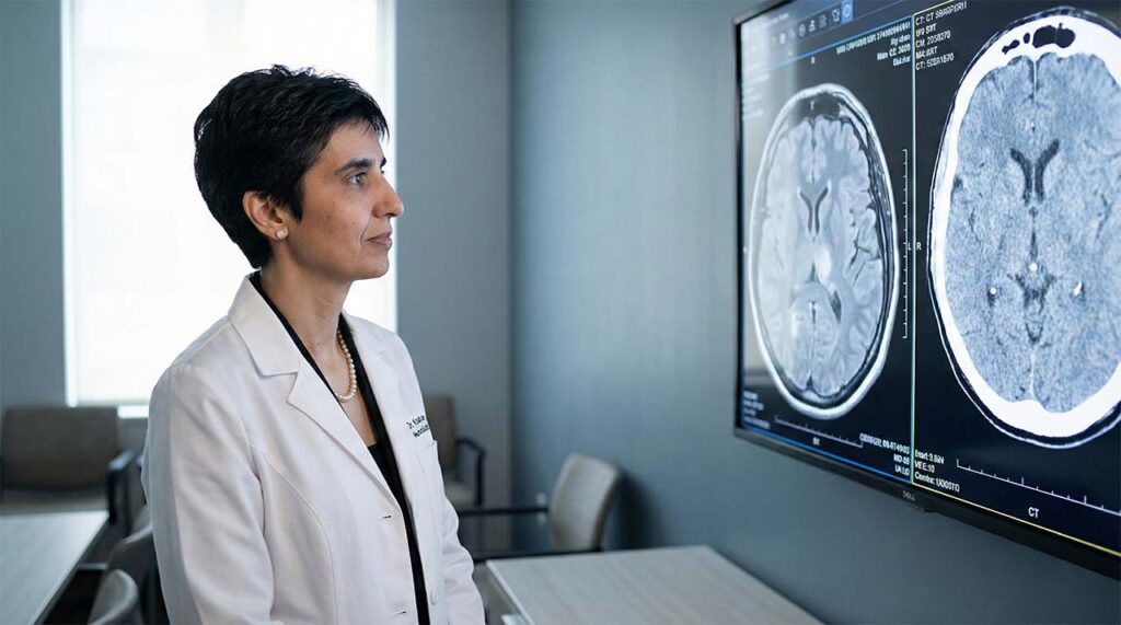 Dr. Khan reviewing diagnostic imaging in a neurosurgical setting