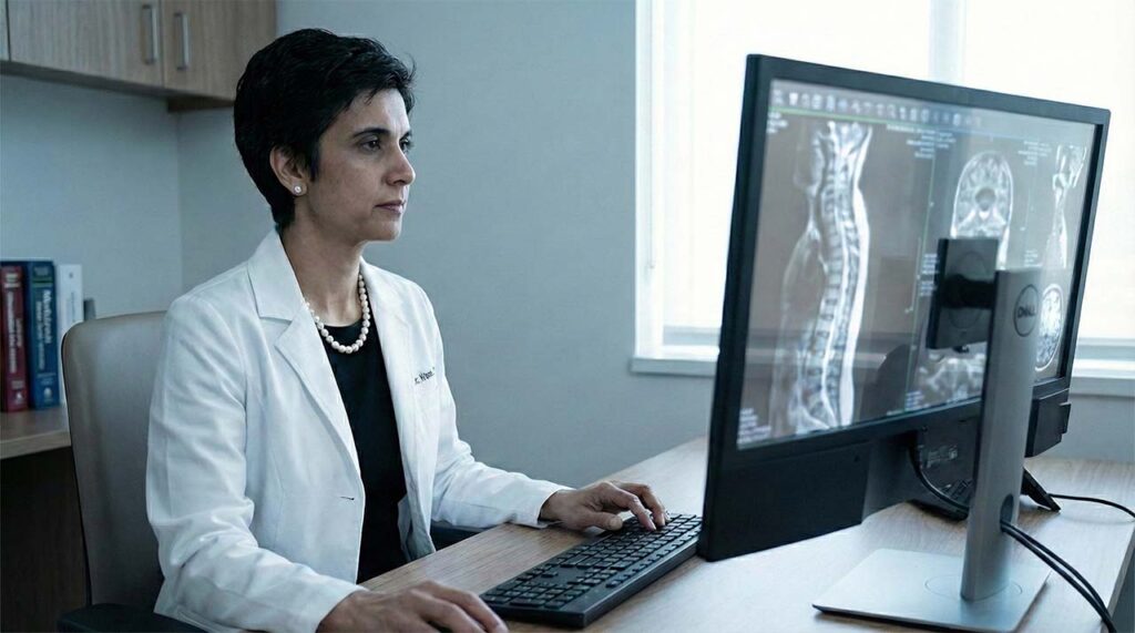 Dr. Khan reviewing spinal imaging for spine disorders