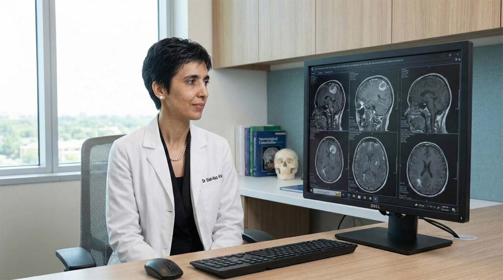Dr Shah-Naz Khan reviewing brain MRI scans during a neurosurgical consultation