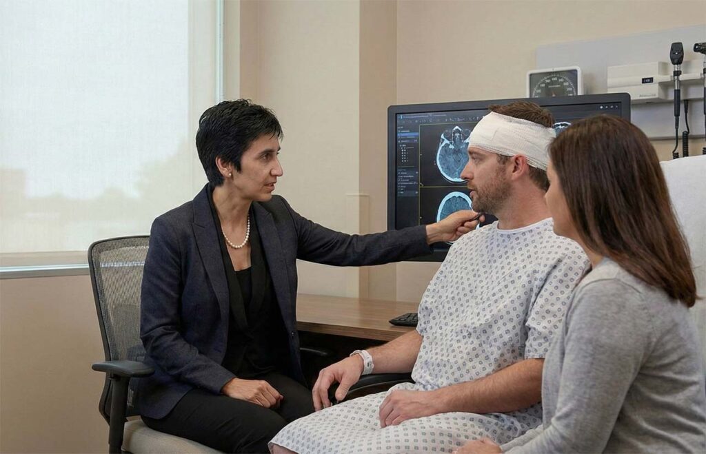 Neurosurgeon reviewing brain imaging with a patient and family during a neurotrauma consultation