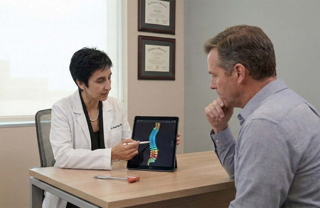 Neurosurgeon discussing spine imaging and anatomy with a patient in a modern clinic