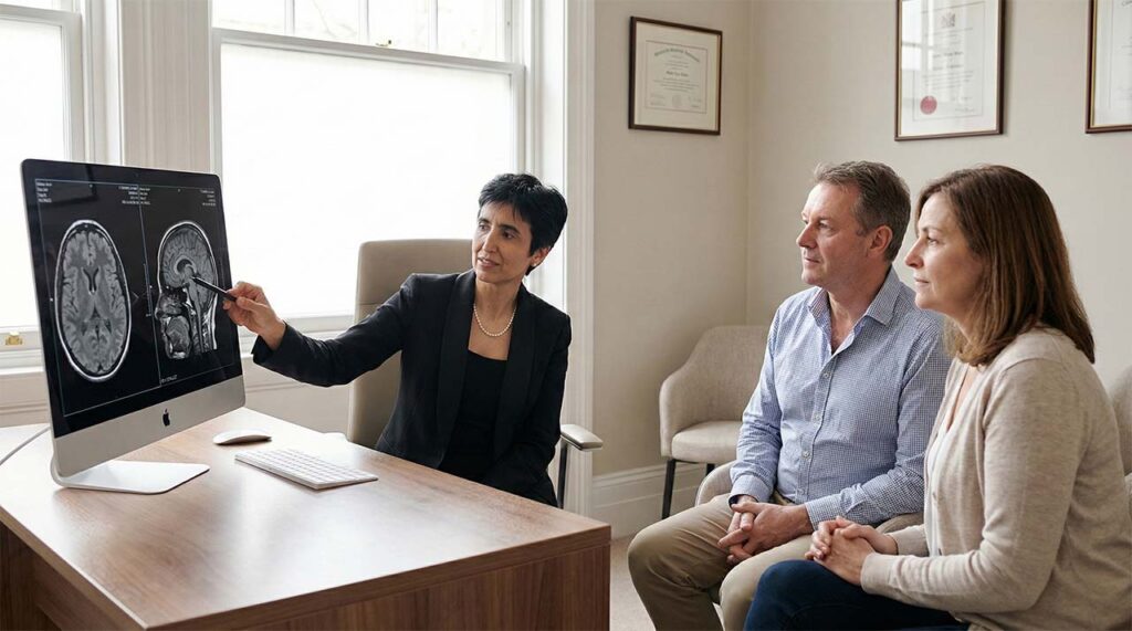Neurosurgeon reviewing brain MRI imaging with a patient during assessment and treatment planning for brain tumor care