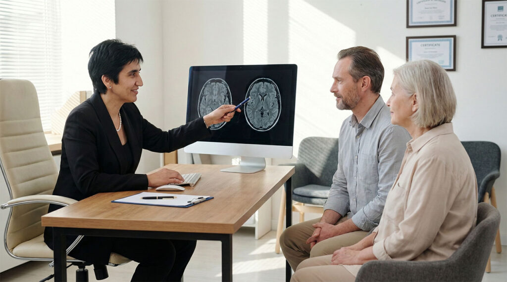 Dr Khan discussing brain MRI imaging with a patient during a brain tumor care consultation