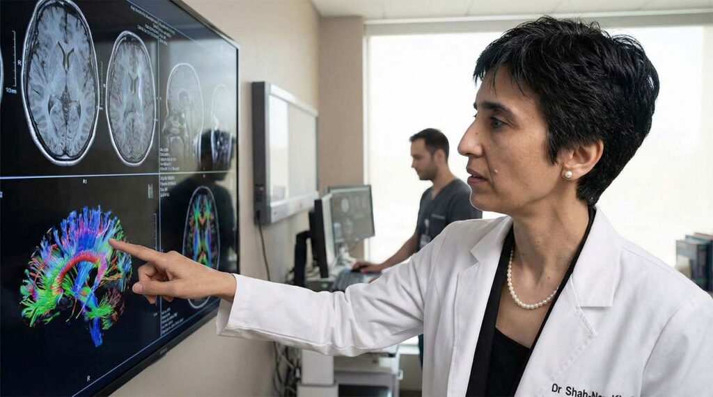 Dr Khan reviewing advanced brain MRI scans for complex neurological evaluation