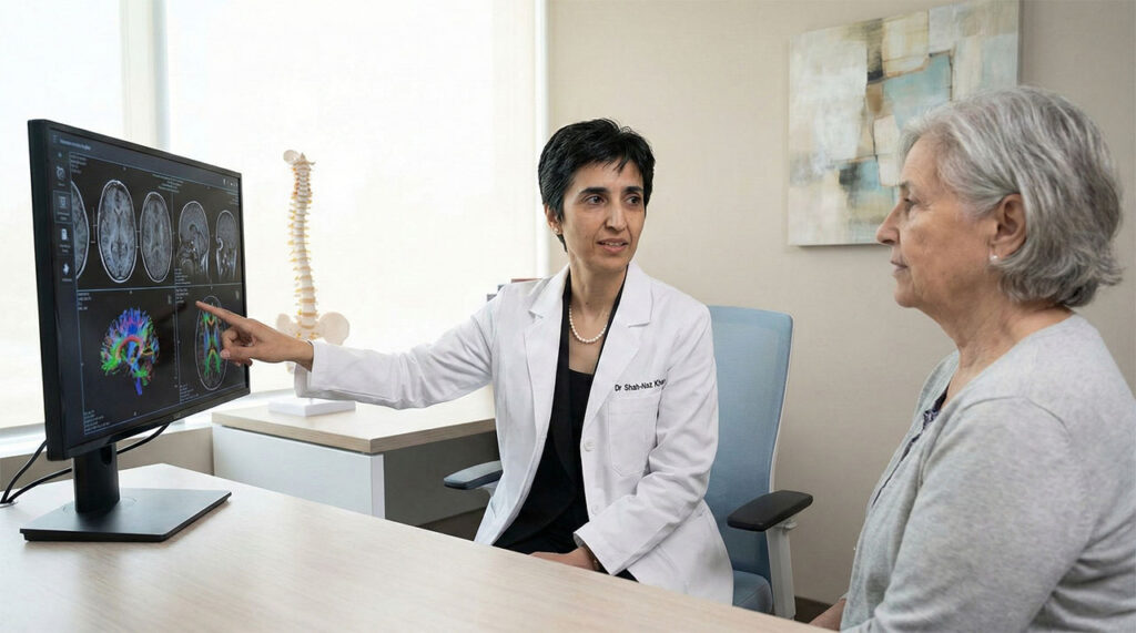 Dr Khan explaining complex brain MRI findings to a patient during a neurology consultation