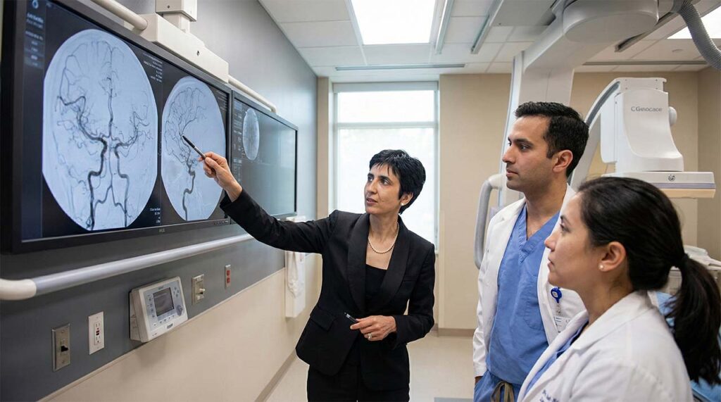 Neurosurgeons reviewing cerebral angiography imaging as part of endovascular treatment planning