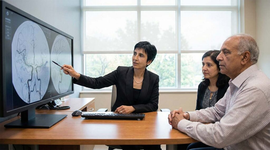 Dr Khan reviewing cerebral vascular imaging with a patient during an endovascular neurosurgery consultation