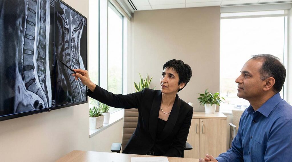 Neurosurgeon reviewing spinal MRI images with a patient during a spine disorders consultation