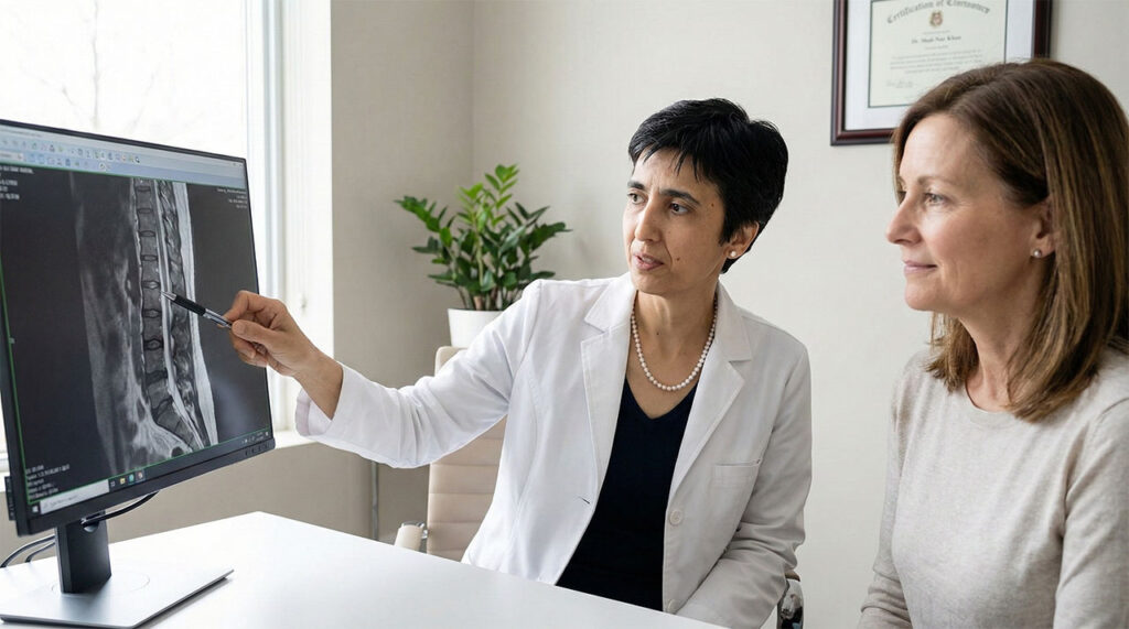 Neurosurgeon reviewing spinal MRI images with a patient during a spine disorders consultation