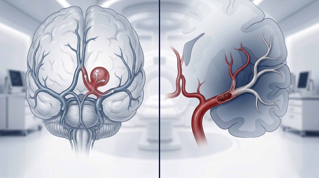 Medical illustration comparing a brain aneurysm with a stroke to show key differences in brain blood vessel emergencies.
