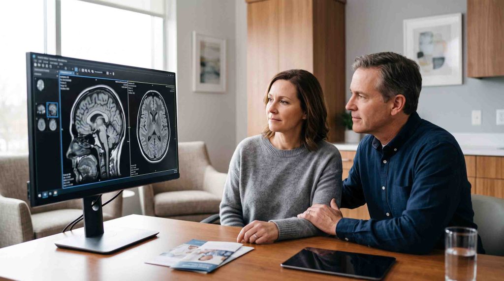Patient and family member reviewing brain scans during a neurosurgery consultation