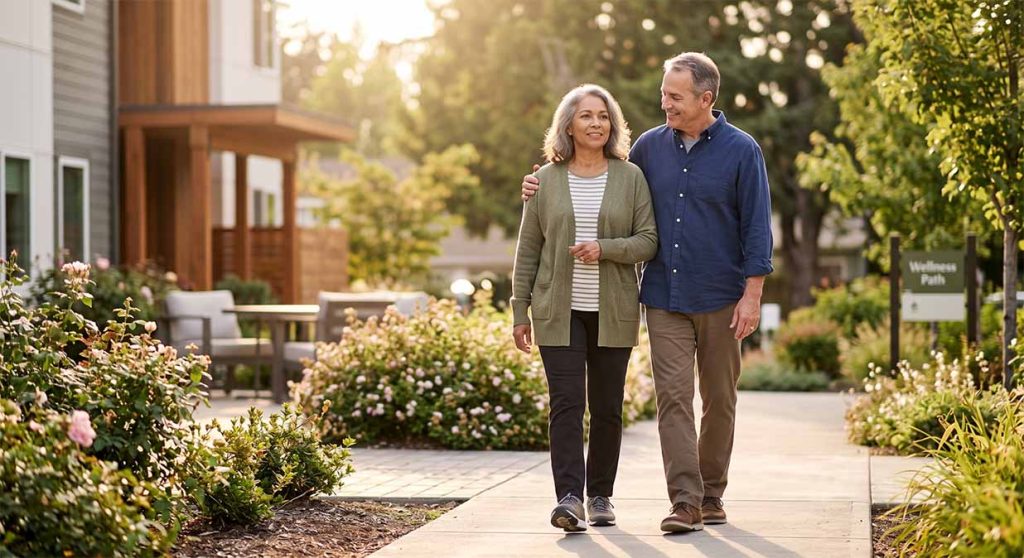Patient walking outdoors with a supportive loved one during recovery