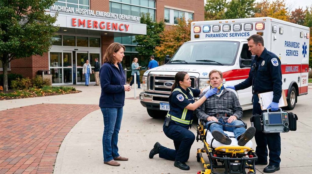 Paramedics assessing a conscious patient showing emergency brain trauma signs outside a Michigan hospital
